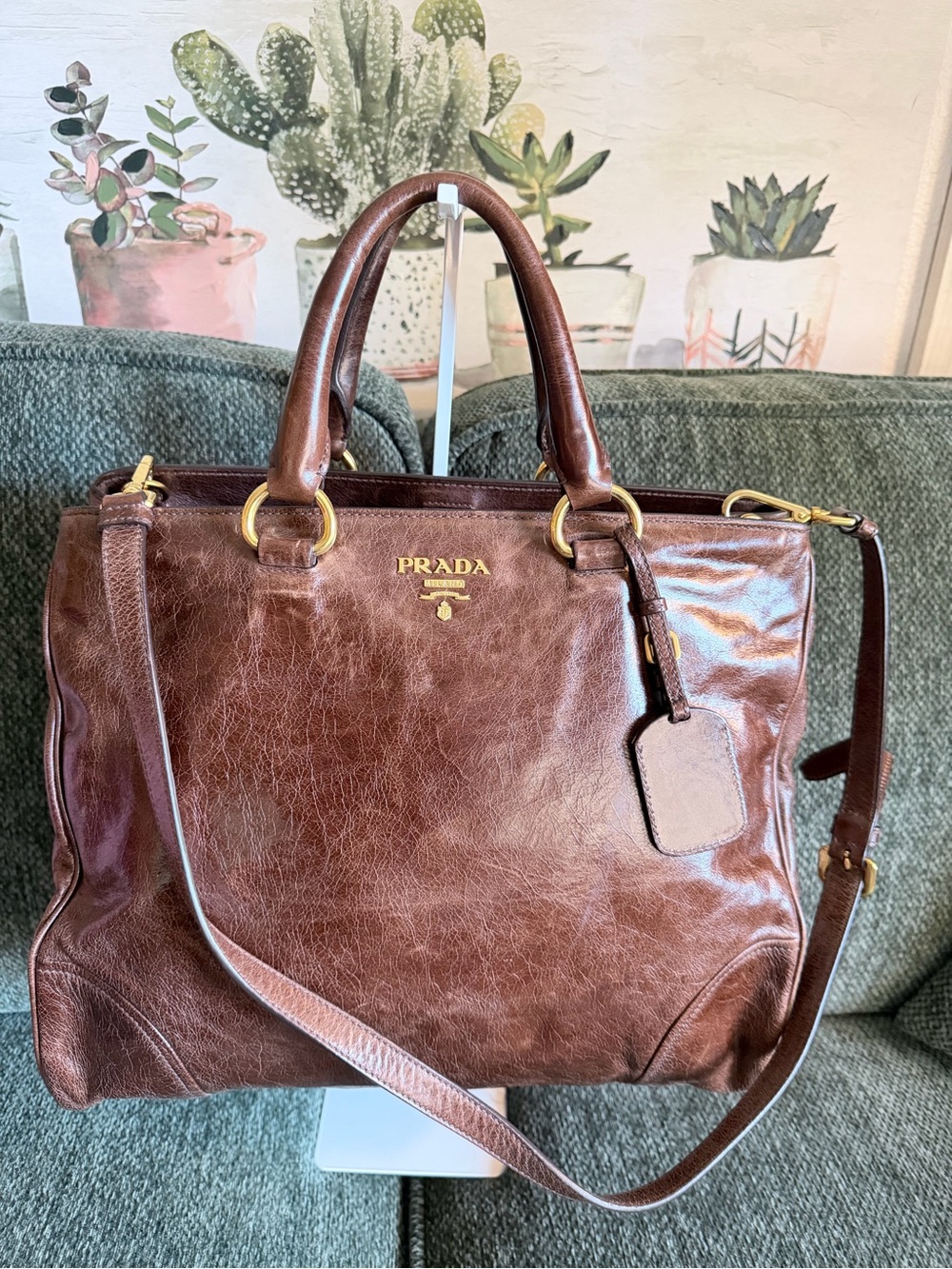 Prada Brown Leather Messenger Tote with Gold Hardware